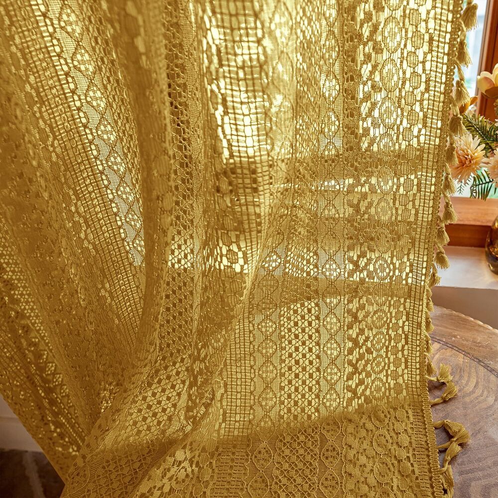 Boho Lace Curtains 84 Inches 2 Panel,Light Filtering Privacy Tassel & - Picture 1 of 8